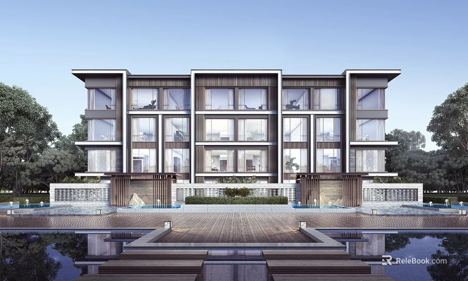 Modern Villa Exterior Design With Large Windows Water Feature Steps And Greenery 3d model 
