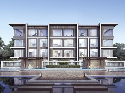 Modern Villa Exterior Design With Large Windows Water Feature Steps And Greenery 3d model