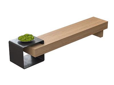 Wooden Long Bench with Black Metal Frame and Green Plant Pot 3d model