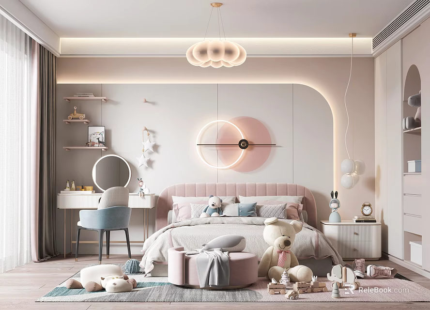 Cozy Kids Bedroom With Pastel Pink Decor And Stuffed Toys 3d model 