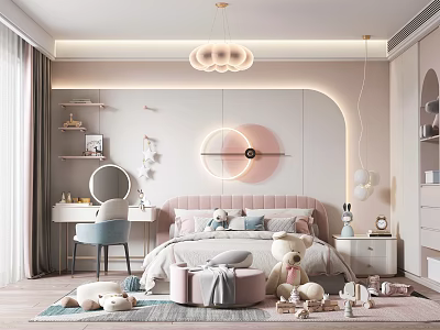 Cozy Kids Bedroom With Pastel Pink Decor And Stuffed Toys 3d model