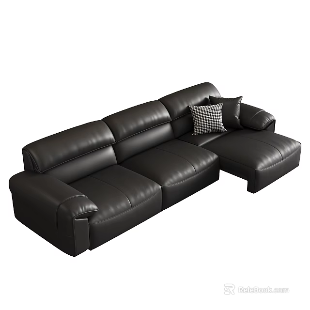 Spacious Black Leather L Shaped Sectional Sofa With Modern Checkerboard Pattern Pillows 3d model