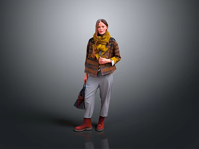 Stylish Winter Apparel And Accessories With Plaid Coat Yellow Scarf And Red Boots 3d model