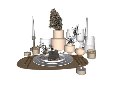 Elegant Dinnerware Set With Ceramic Plates Glasses Candles And Dried Flower Decor 3d model