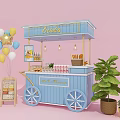 Blue Mobile Food Cart Selling Cookies With Balloons Signboard And Plants