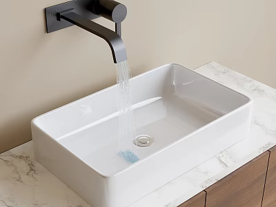 Modern White Vessel Sink with Black Wall Mounted Faucet on Marble Countertop and Wooden Cabinet 3d model