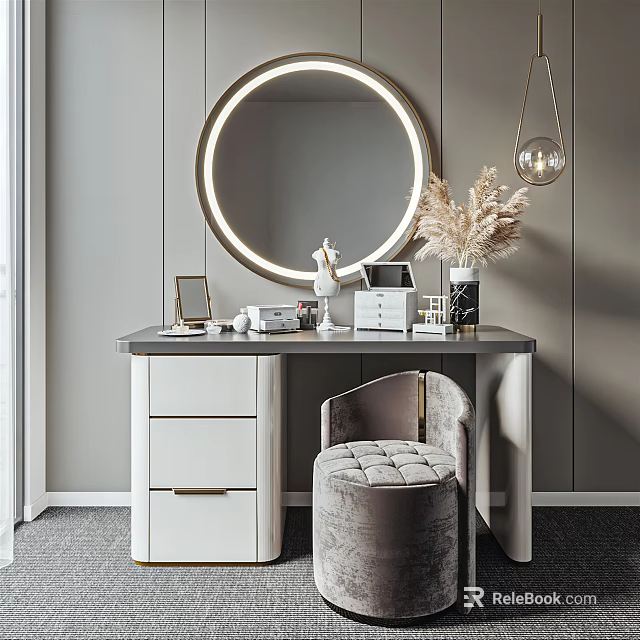 Modern Dressing Table with Round Backlit Mirror White Drawers Gold Handles and Upholstered Gray Stool 3d model 