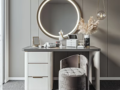Modern Dressing Table with Round Backlit Mirror White Drawers Gold Handles and Upholstered Gray Stool 3d model