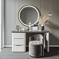 Modern Dressing Table with Round Backlit Mirror White Drawers Gold Handles and Upholstered Gray Stool