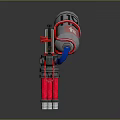 Red And Silver Mechanical Weapon With Blue Pipes Cylindrical Barrel And Mechanical Components