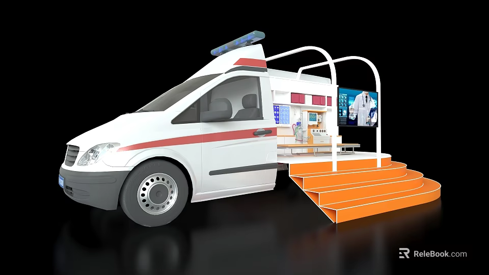 Converted Ambulance Interior With Display Shelves Steps And Medical Screen 3d model