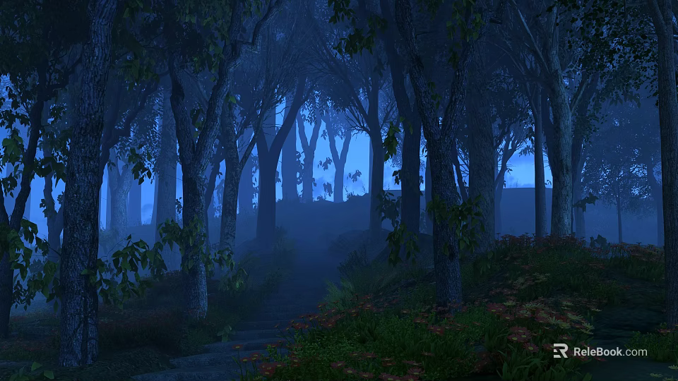 Enchanting Misty Forest Landscape With Tall Trees Winding Path And Wildflowers In Blue Mist 3d model 