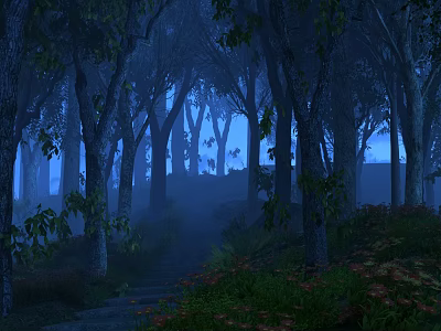 Enchanting Misty Forest Landscape With Tall Trees Winding Path And Wildflowers In Blue Mist 3d model