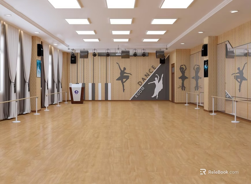 Fitness Dance Studio With Wooden Floor Barres Mirrors and Dancer Silhouettes 3d model 