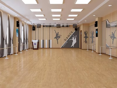 Fitness Dance Studio With Wooden Floor Barres Mirrors and Dancer Silhouettes 3d model