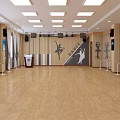 Fitness Dance Studio With Wooden Floor Barres Mirrors and Dancer Silhouettes
