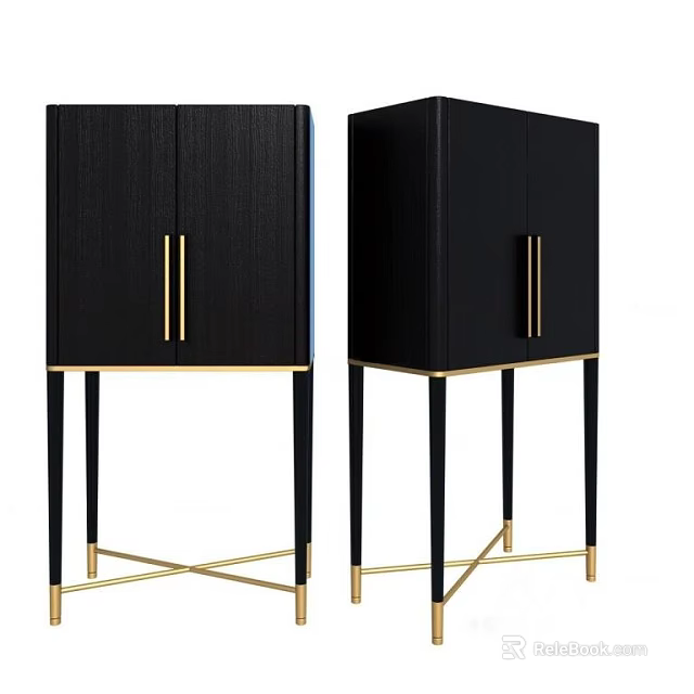 Modern Entryway Side Cabinets With Black Body Gold Handles And Golden Crossed Legs Design 3d model 