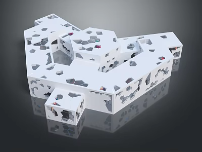 Modern Exhibition Hall Featuring White Polyhedral Structure Irregular Holes Connected Modules And Gray Red Accents 3d model