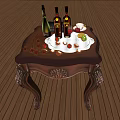 Elegant Wooden Table With Wine Bottles Wine Glasses Fruits And Teacup On Carved Wooden Floor