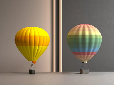 Yellow Orange Striped and Multicolored Hot Air Balloons Displayed on Gray Tabletop 3d model