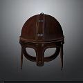 Red Medieval Helmet With Leather Trim And Metal Rivets Design