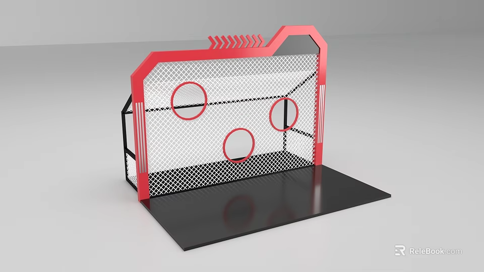 Red Framed Structure With White Mesh Three Circular Holes And Black Base 3d model 