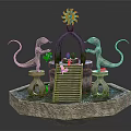 Cartoon Scene Fountain With Two Lizards Archway Sunflower Steps Colorful Eggs And Small Animals