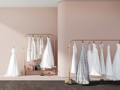 Elegant White Wedding Dresses on Gold Hangers with Pink Background and Accessories 3d model