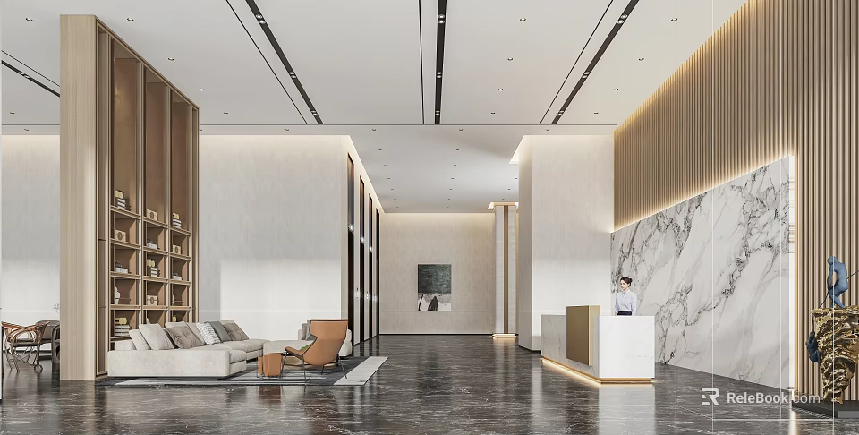 Elegant Modern Hotel Lobby Interior With Marble Walls Reception Desk And Sofa Area 3d model 