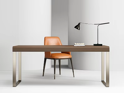 Modern Brown Table With Metal Legs And Orange Leather Chair Black Desk Lamp And Books 3d model