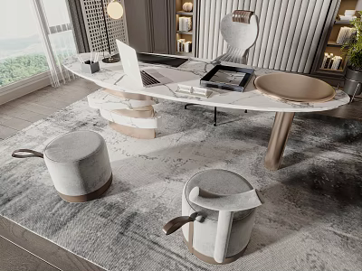 Elegant Modern Marble Desk With Laptop Documents Chair And Stools On Rug 3d model
