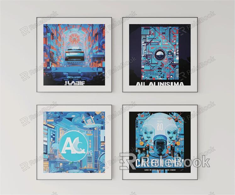 AI Sci-Fi Architecture Memphis Combination Blue Decorative Painting model