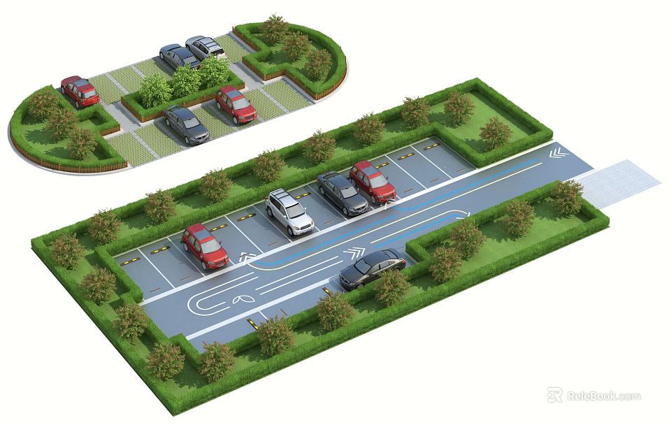 Practical Parking Lot Design With Various Cars Landscaping And Organized Driveway Layout 3d model 