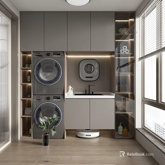 Home Balcony With Stacked Washing Machine And Dryer Cabinets Sink And Green Plant 3d model 