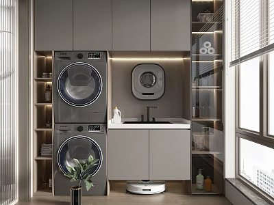 Home Balcony With Stacked Washing Machine And Dryer Cabinets Sink And Green Plant 3d model