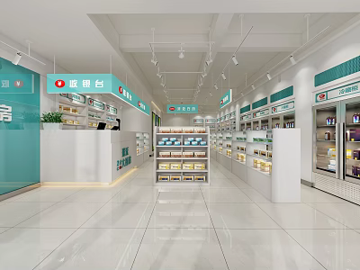 Pharmacy Store Interior With Green Decor Medicine Shelves Cashier And Bright Space 3d model