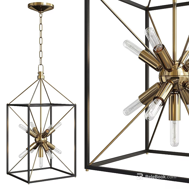 Modern Brass Ceiling Light With Geometric Metal Frame And Exposed Clear Bulbs Design 3d model 