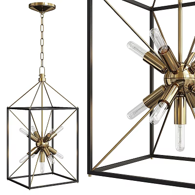 Modern Brass Ceiling Light With Geometric Metal Frame And Exposed Clear Bulbs Design 3d model