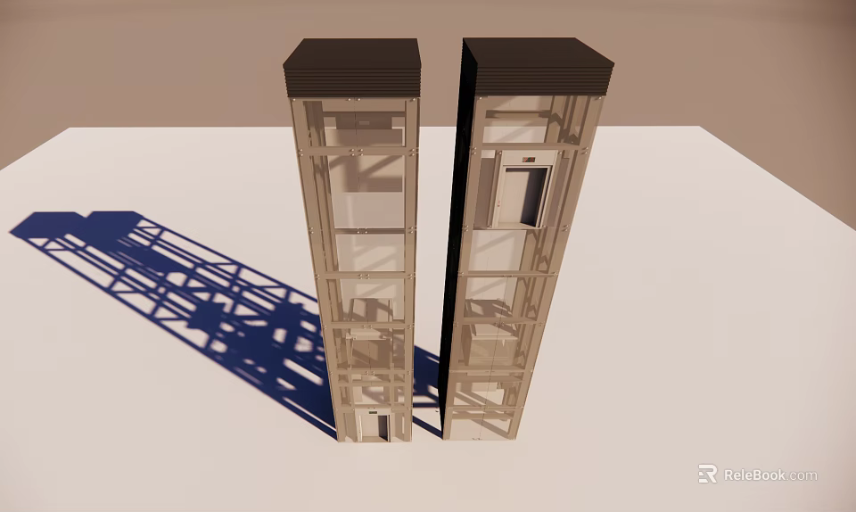 Twin Elevator Structural Models With Metal Frames And Transparent Panels 3d model