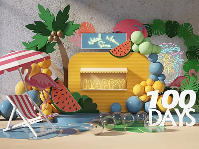 Happy 100 Days Celebration Decor With Palm Tree Flamingo Watermelon And Yellow Suitcase 3d model
