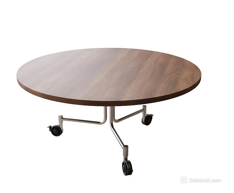 Round Wooden Coffee Table With Metal Frame And Rolling Wheels Design 3d model 