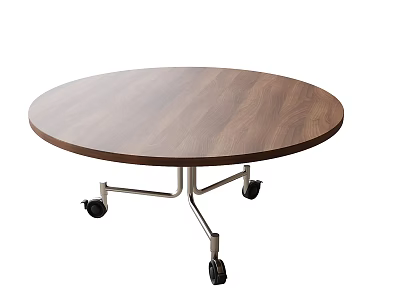 Round Wooden Coffee Table With Metal Frame And Rolling Wheels Design 3d model