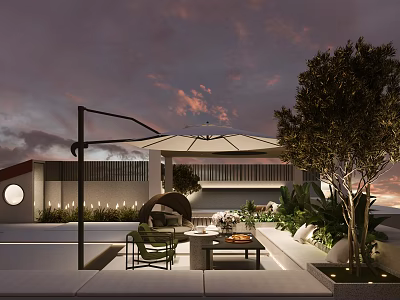 Modern Garden Space With Sunshade Umbrella Outdoor Seating Green Plants And Sunset Sky View 3d model