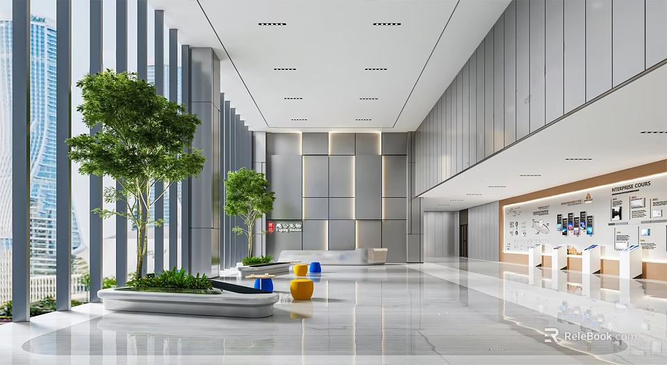 Modern Front Desk Reception in Contemporary Lobby With Green Plants Marble Floor And Decorations 3d model 