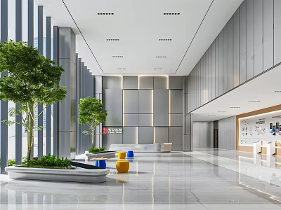 Modern Front Desk Reception in Contemporary Lobby With Green Plants Marble Floor And Decorations 3d model