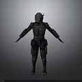 Futuristic Armored Character And Humanoid Creature With Helmet And Glowing Blue Eye In Dark Suit