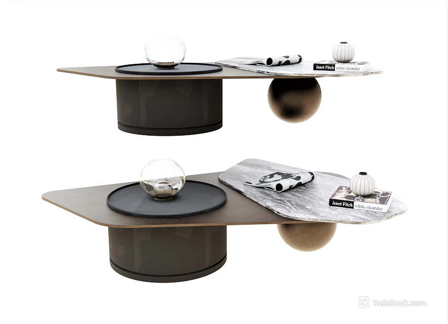Modern Coffee Table Design With Irregular Top Round Bases And Glass Sphere Decor 3d model