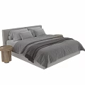 Modern Double Bed with Gray Duvet White Pillows and Wooden Side Table 3d model