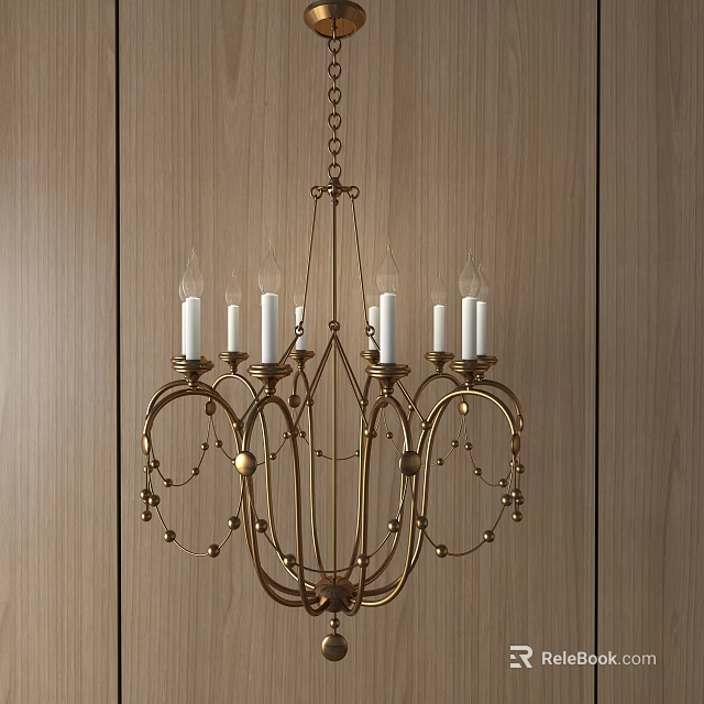 Elegant Golden Chandelier With Candle Style Lights Decorative Spheres And Wooden Wall Interior 3d model 