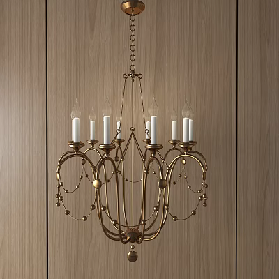 Elegant Golden Chandelier With Candle Style Lights Decorative Spheres And Wooden Wall Interior 3d model